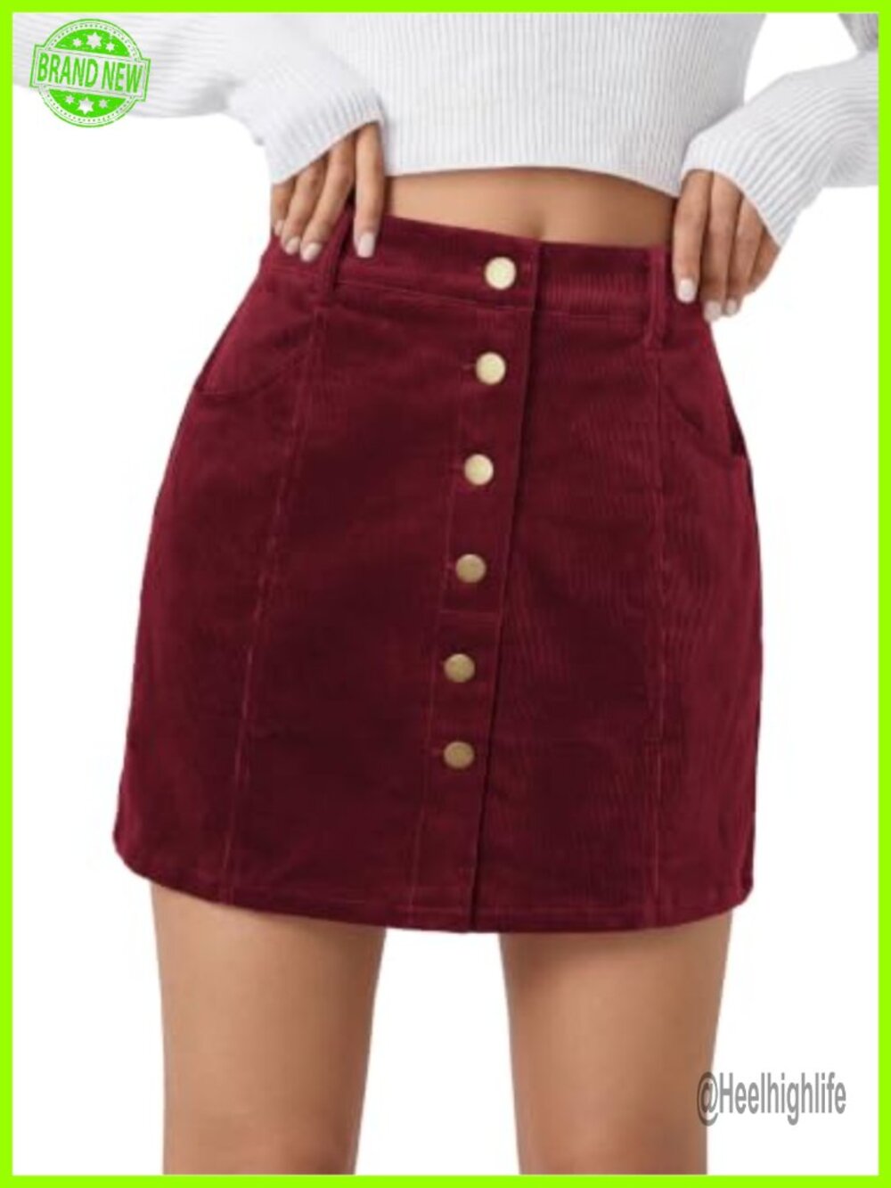 Corduroy Mini Skirt High Waisted A-Line Button Front with Pockets